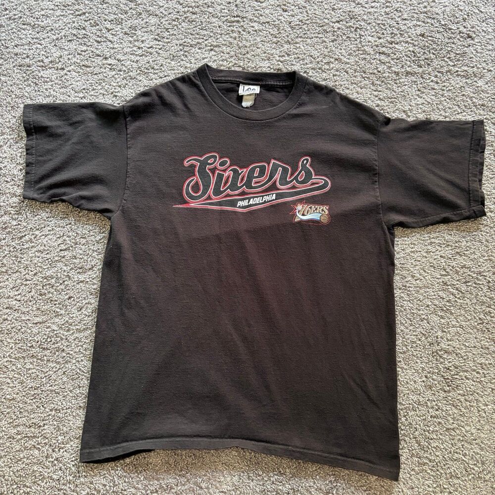Vintage 90s Philadelphia 76ers Script T Shirt Sixers Black Iverson Era NBA Sz XL